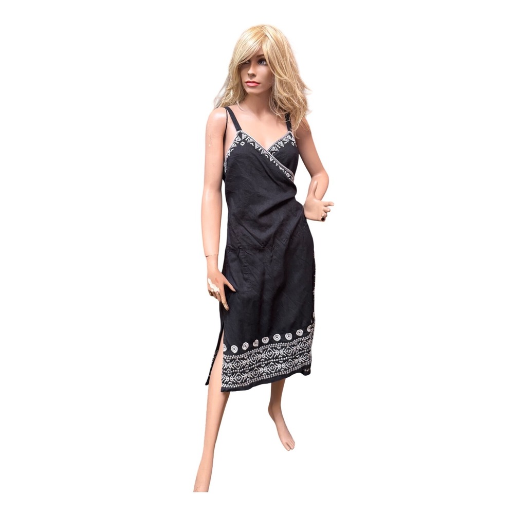 JWLA Johnny Was Black Linen Wrap Dress Embroidered Boho Midi 3872JW